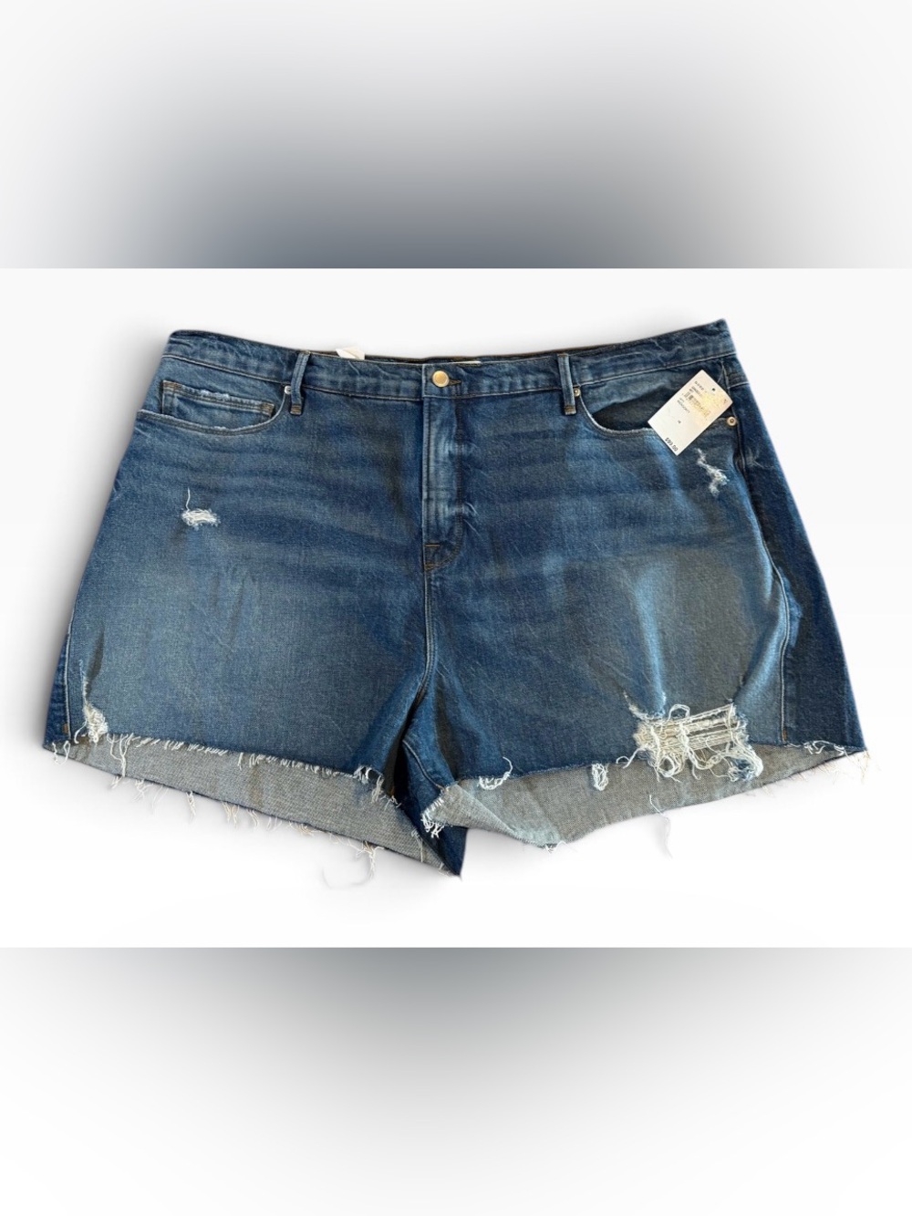 NWT Good American Good ’90s Denim Shorts 18 Distressed Raw Hem Indigo